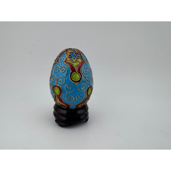 Cloisonne Egg Blue Floral Decorative Ornament Figurine with Stand - Picture 1 of 3